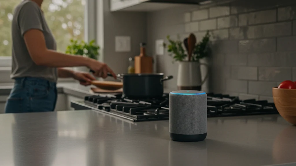 Wide shot of a woman cooking at a stove with a modern smart speaker on the kitchen counter behind her.