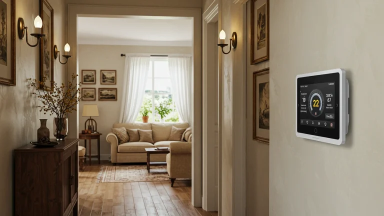 Smart thermostat in hallway overlooking modern living room.