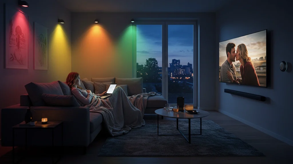 Scene of a woman on a sofa wrapped in a blanket in a smart-lit cozy living room watching a romance movie on a wall-mounted TV at dusk.